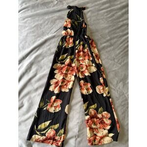 Floral Halter Wide Leg Jumpsuit Black Orange Tropical Open Back Small